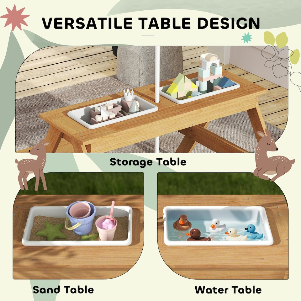 image 1 of AIYAPLAY Wooden Kids Picnic Table, Sand and Water Table w/ Benches, Parasol