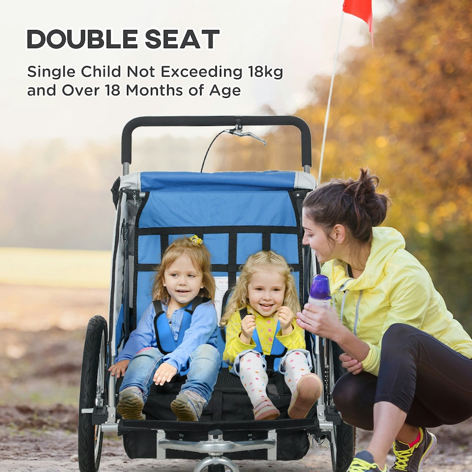 image 1 of HOMCOM 2 Seat Bike Trailer with 5 Point Harness, for 18+ Months, Blue