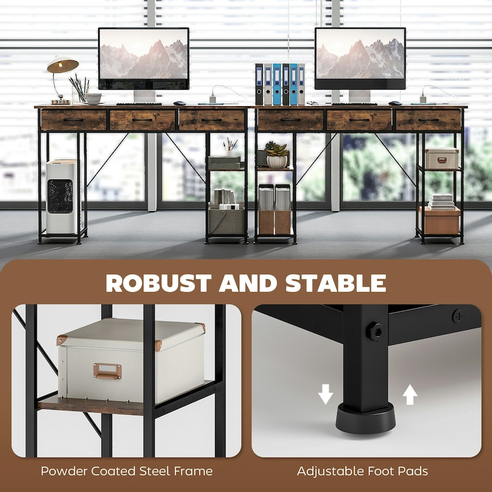 image 1 of HOMCOM Computer Writing Desk with Power Outlets, Drawers, Shelves, Brown Brown | Rustic Brown