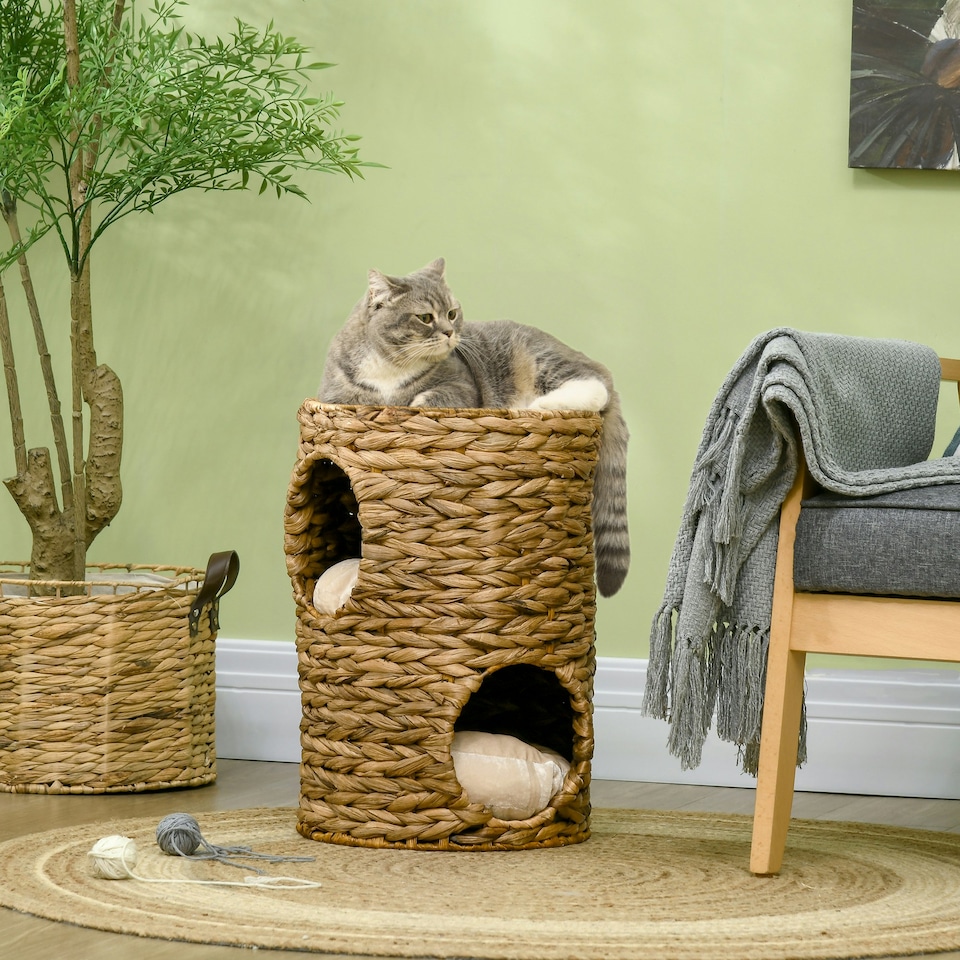 image 1 of PawHut 47cm Cat Barrel Tree for Indoor Cats w/ Two Cat Houses, Cushion