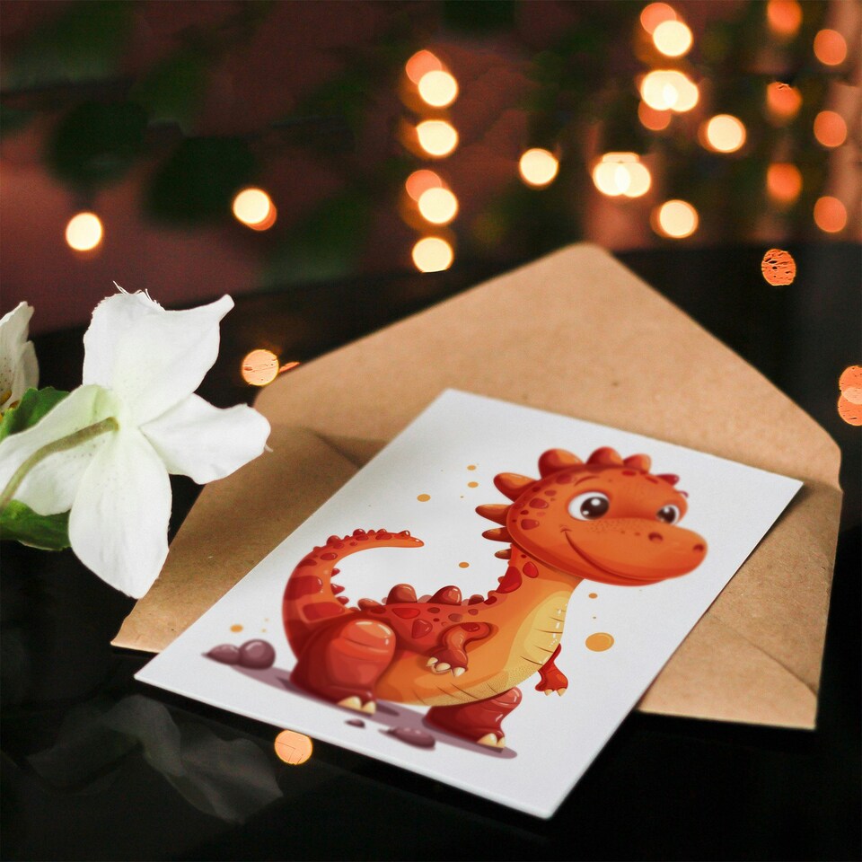 image 1 of Cute Red Baby Dinosaur Cartoon For Child Birthday Card