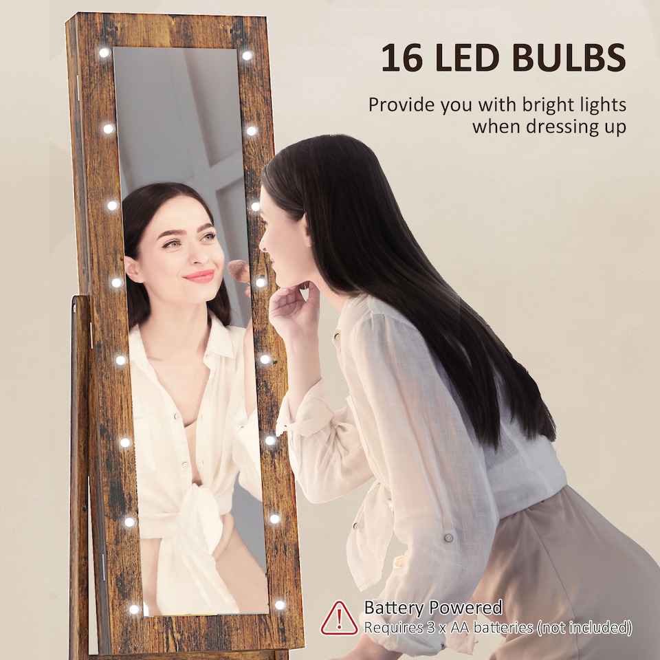 image 1 of HOMCOM Freestanding Mirror Jewelry Cabinet with LED Lights, Jewellery Organiser with 3 Angle Adjustable, Full-Length Mirror with Storage for Earrings, Necklaces, Rings and Lipsticks, Rustic Brown | Brown | Rustic Brown