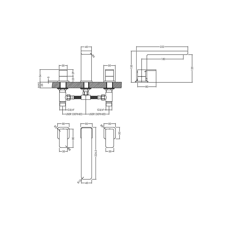 image 1 of Square Deck Mounted 3 Tap Hole Bath Filler Tap - Chrome