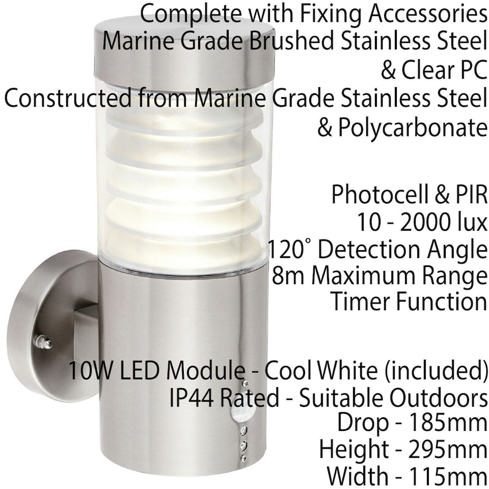 image 1 of 2 PACK IP44 Outdoor LED Light Brushed Steel Spiralled Outdoor PIR Wall Lamp