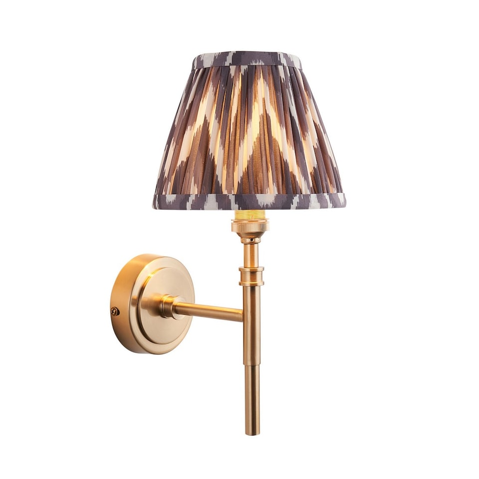 image 1 of Chester Brushed Aged Brass Plate Wall Light with Pearl Grey Fabric Zigzag Shade 16cm B22