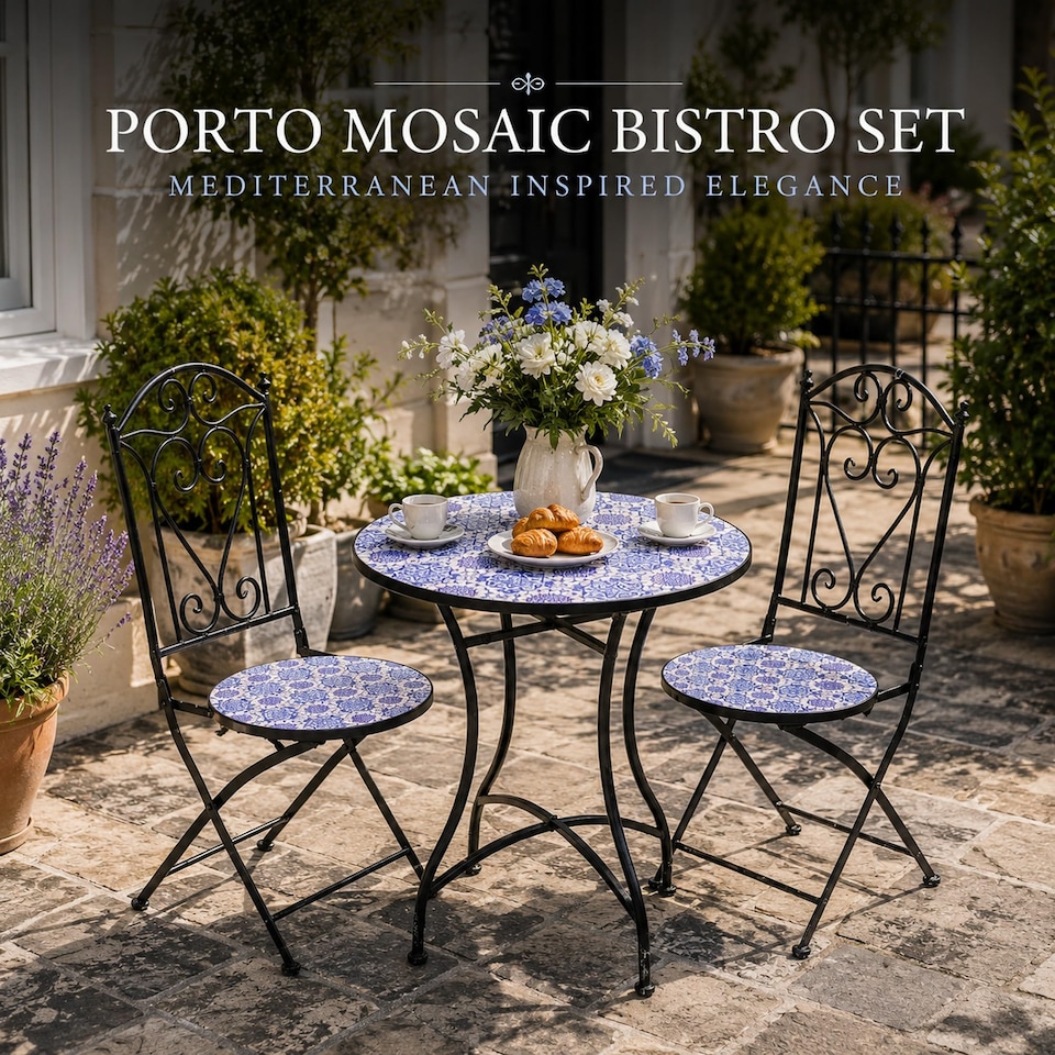image 1 of Mosaic Bistro Set Three Piece Folding Outdoor Table and Chairs for Balcony Patio and Small Garden Dining