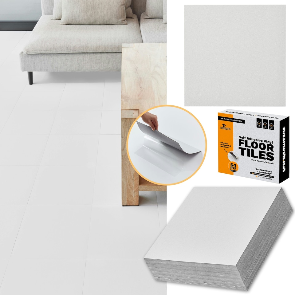 image 1 of NOVECRAFTO Vinyl Floor Tile – Self Adhesive 12x12 in – White Checkerboard – Peel & Stick for Kitchen, Bathroom & Living Room – Waterproof & Easy DIY White | 2.79 sqm