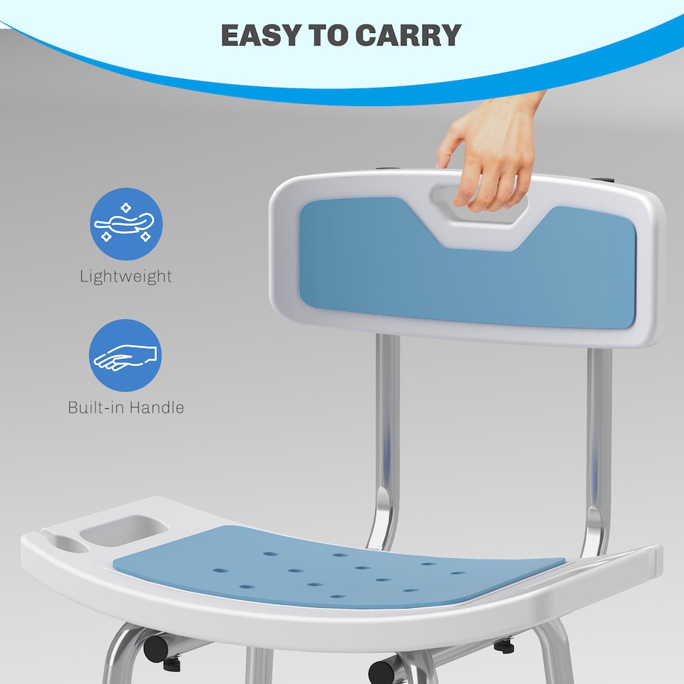 image 1 of HOMCOM Shower Chair for the Elderly and Disabled, 6-Level Height Adjustable Shower Stool with Backrest, Curved Seat, Anti-slip Foot Pads and Shower Head Holder, Light Blue