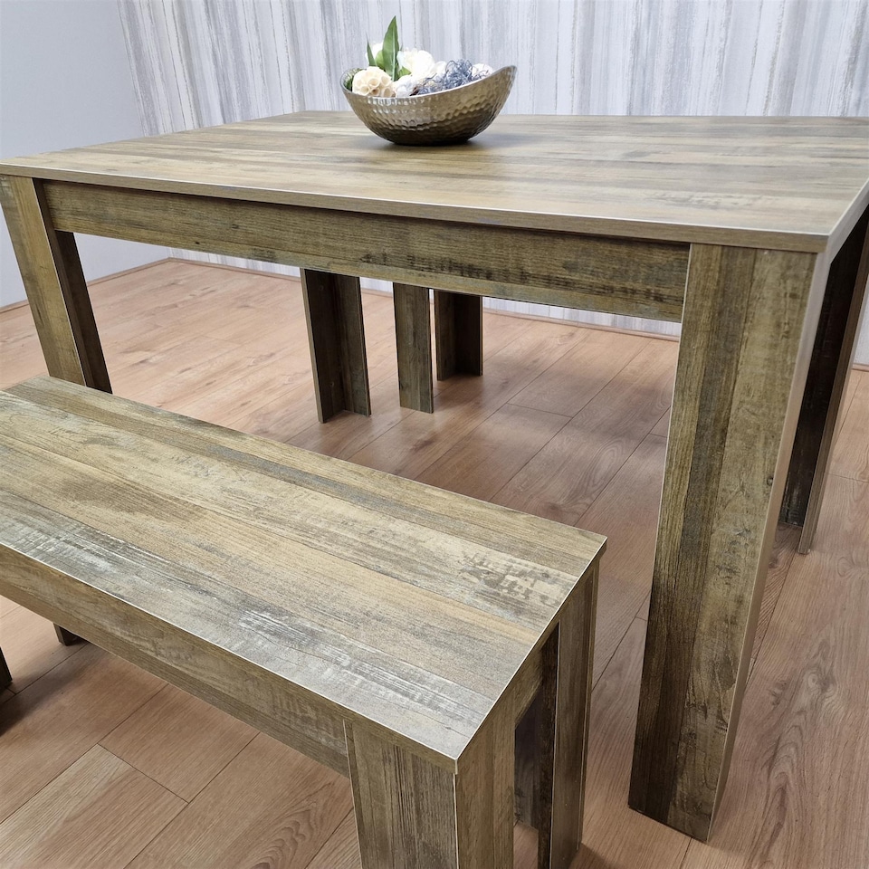 image 1 of Rustic Effect Dining Table with 2 Benches  Wooden Dining Set