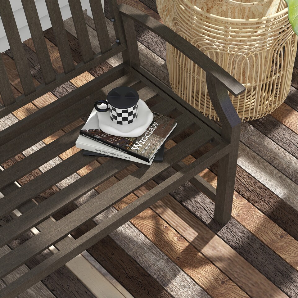 image 1 of Outsunny Garden Bench, Outdoor Metal Bench with Slatted Seat and Backrest, Curved Armrest, for Conservatory, Garden, Poolside, Deck, Brown
