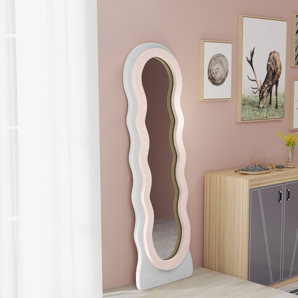 image 1 of HOMCOM Irregular Wavy Mirror Full Length, 160  50cm Free Standing, Leaning or Wall Mirror with Velvet Wrapped Frame and Arched Top for Living Room, Bedroom, White and Pink