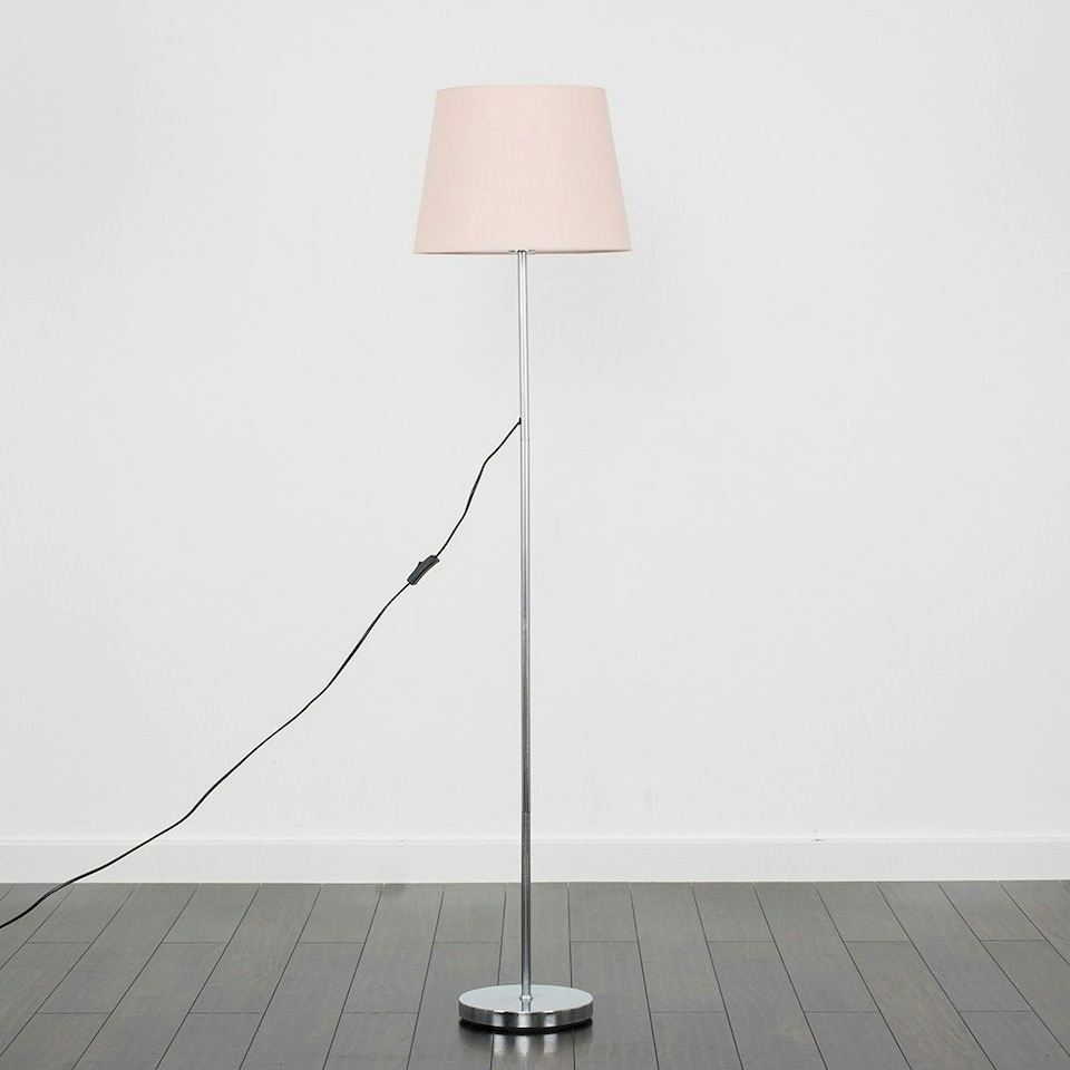 image 1 of ValueLights Charlie Chrome Floor Lamp Pink Taper Shade & Bulb