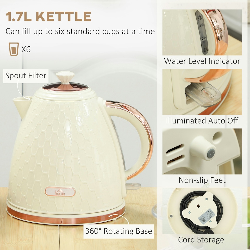 image 1 of HOMCOM Kettle and Toaster Set 1.7L Kettle & 2 Slice Toaster Set Beige