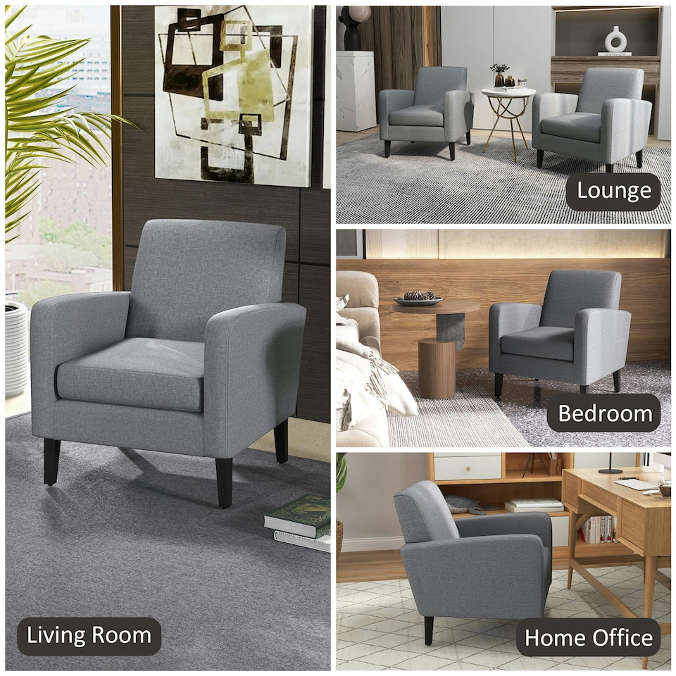 image 1 of HOMCOM Modern Armchair Accent Chair with Rubber Wood Legs for Bedroom Grey