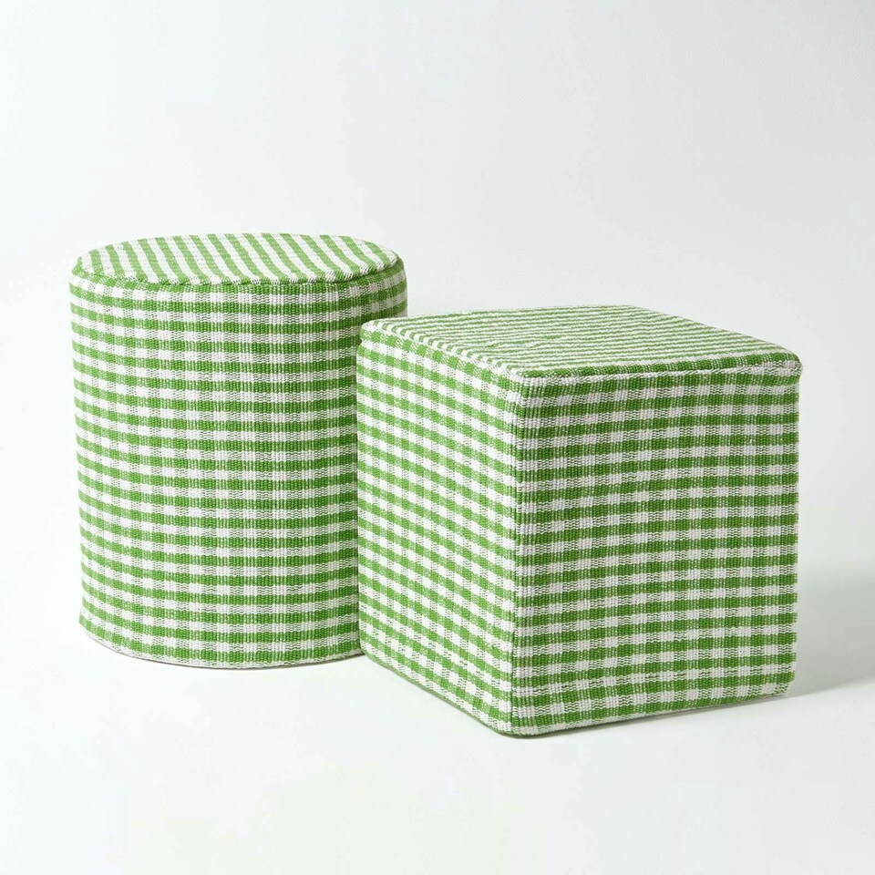 image 1 of Homescapes Green Gingham Check Cotton Cube Pouffe - 36 x 36 x 38 cm | Green | 36 x 36 x 38 cm