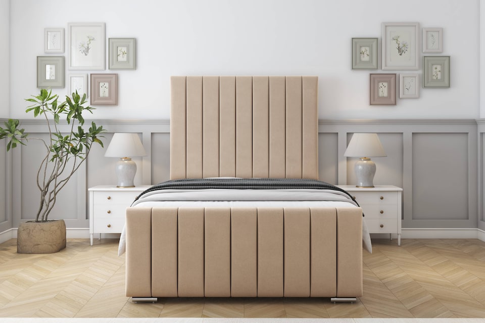 image 1 of Sloomy California Pebble Plush Bed Frame With Mattress With 50" Upholstered Headboard 4'6 Double