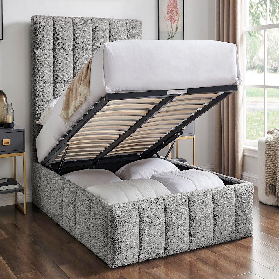 image 1 of 5ft King Size Grey,Ottoman Lift Up Storage Tall Headend Boucle Soft Fabric Upholstered Bed Frame