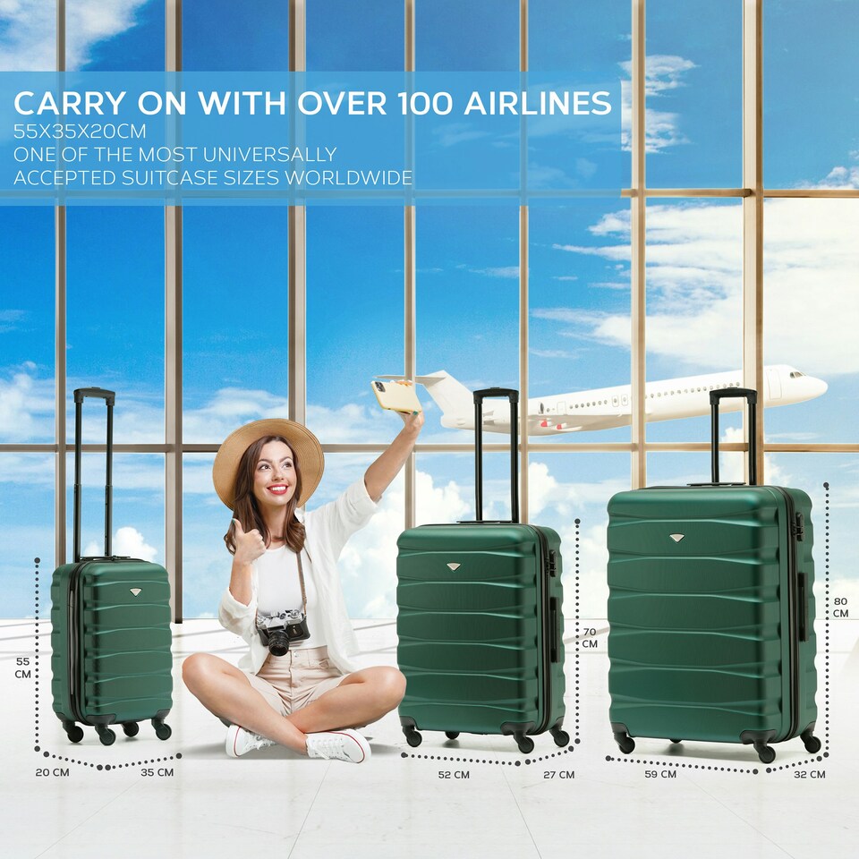 image 1 of Flight Knight Set of 3 Lightweight 4 Wheel ABS Hard Case Suitcases Cabin & Hold Luggage, 100+ Airlines Approved - easyJet, British Airways, Ryanair, Jet2 Green | Forest Green / Black