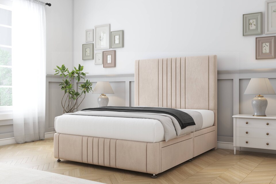 image 1 of Sloomy Harrington Sand Naples Divan Bed With Mattress 2 Drawers Right Side With 26" Strutted Headboard & 12" Matching Footboard 4' Small Double | Cream | Sand | Small Double | 1