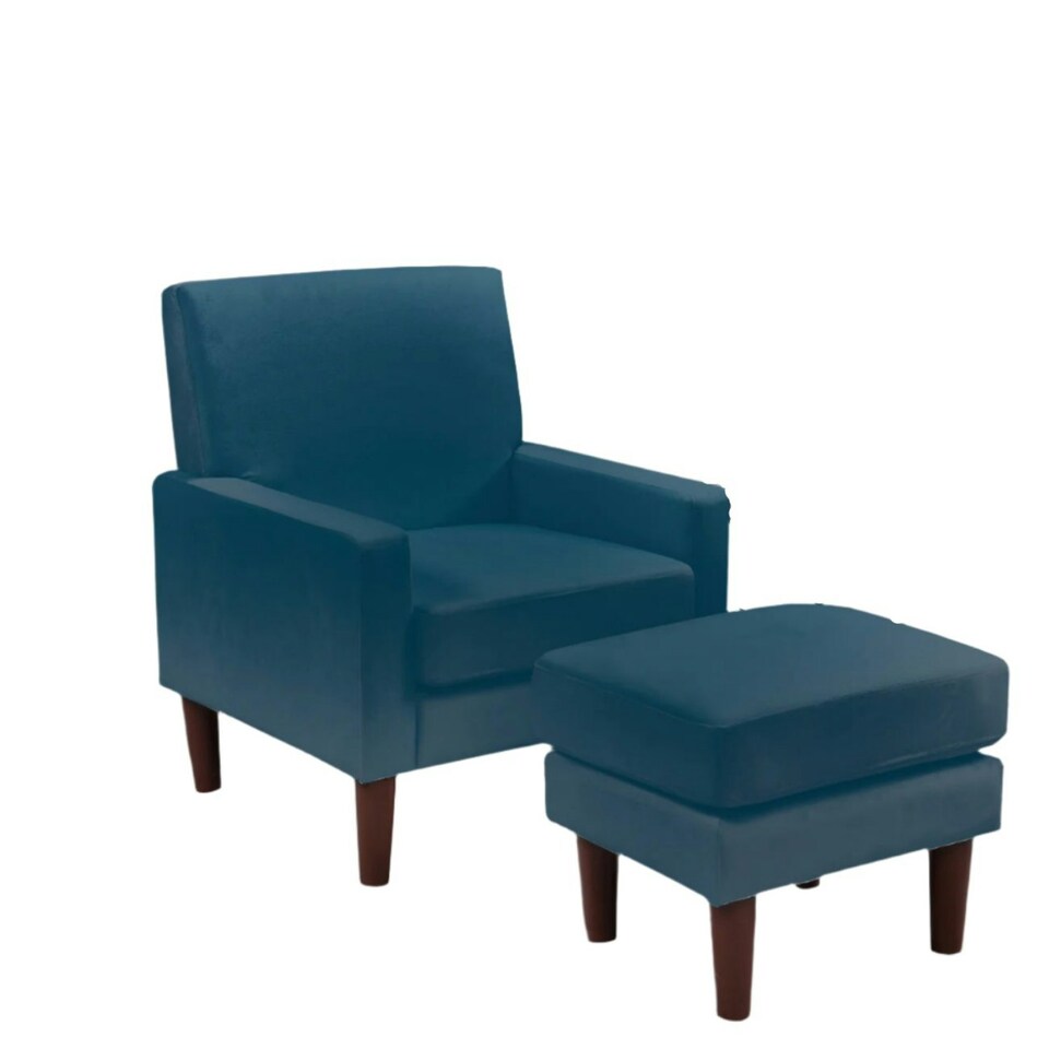 image 1 of Plush Velvet Chair With Footstool In Dark Blue