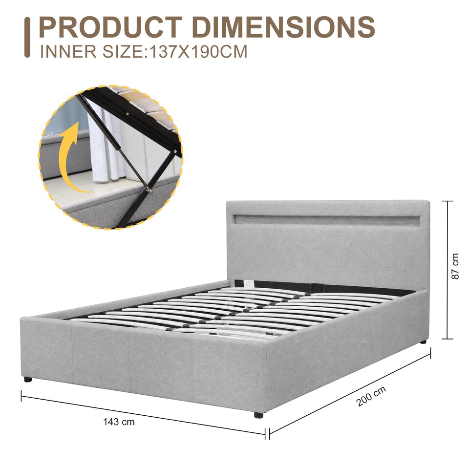 image 1 of 4ft6 Double Modern Gas Lift Ottoman Bed Frame with LED In Light Grey