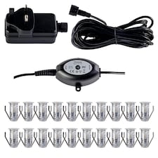 Set of 20 - 15mm IP67 Cool White LED Decking Kit with Photocell | Chrome | Clear | 20