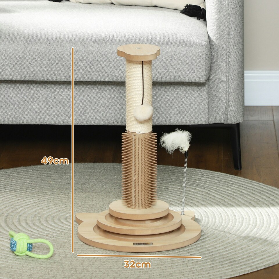 image 1 of PawHut Cat Scratcher, 5-in-1 Sisal Post with Interactive Toy 49cm Oak Tone
