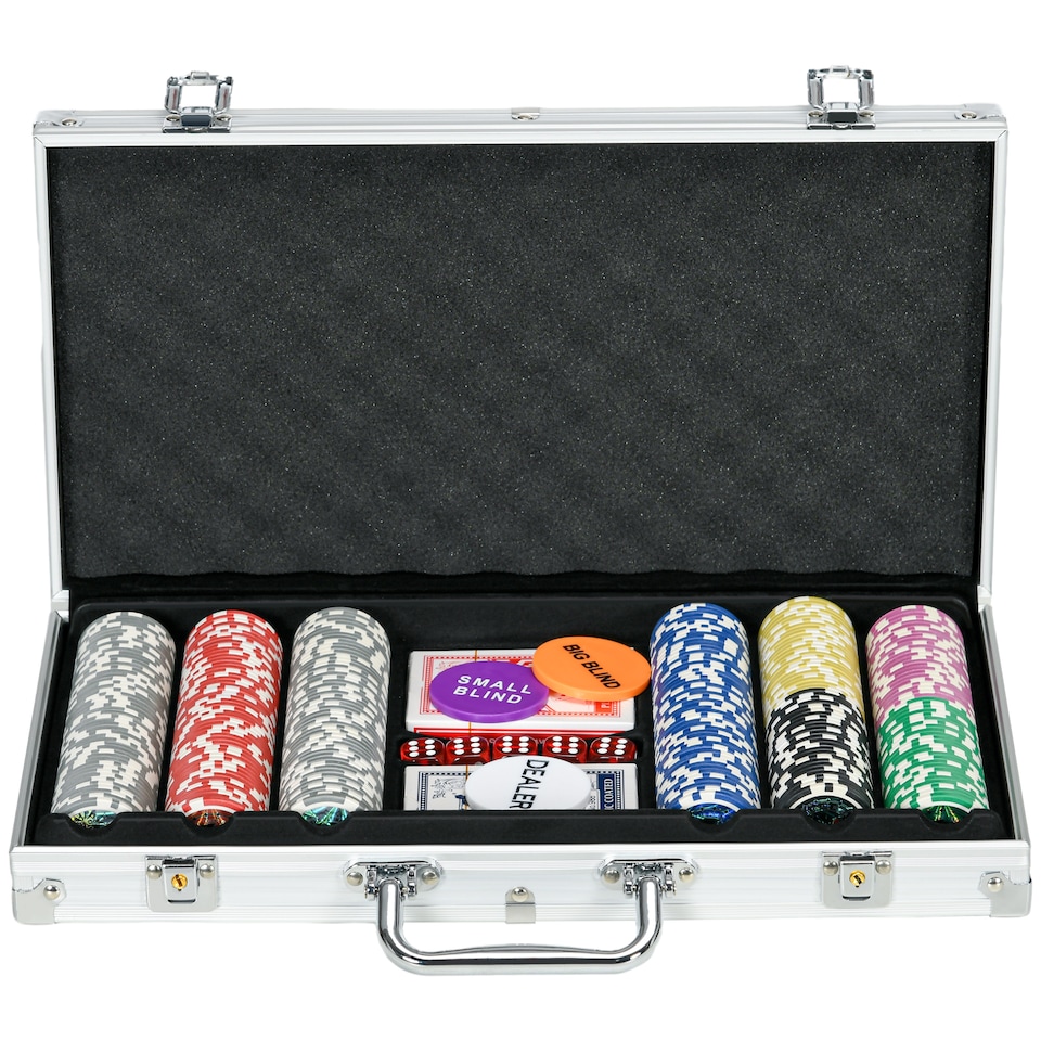 image 1 of SPORTNOW 300-Piece Poker Chips Set with Aluminium Case, Holdem Poker Set with Mat, 11.5g Numbered Poker Chips, Two Decks of Cards, Dealer, Five Dices