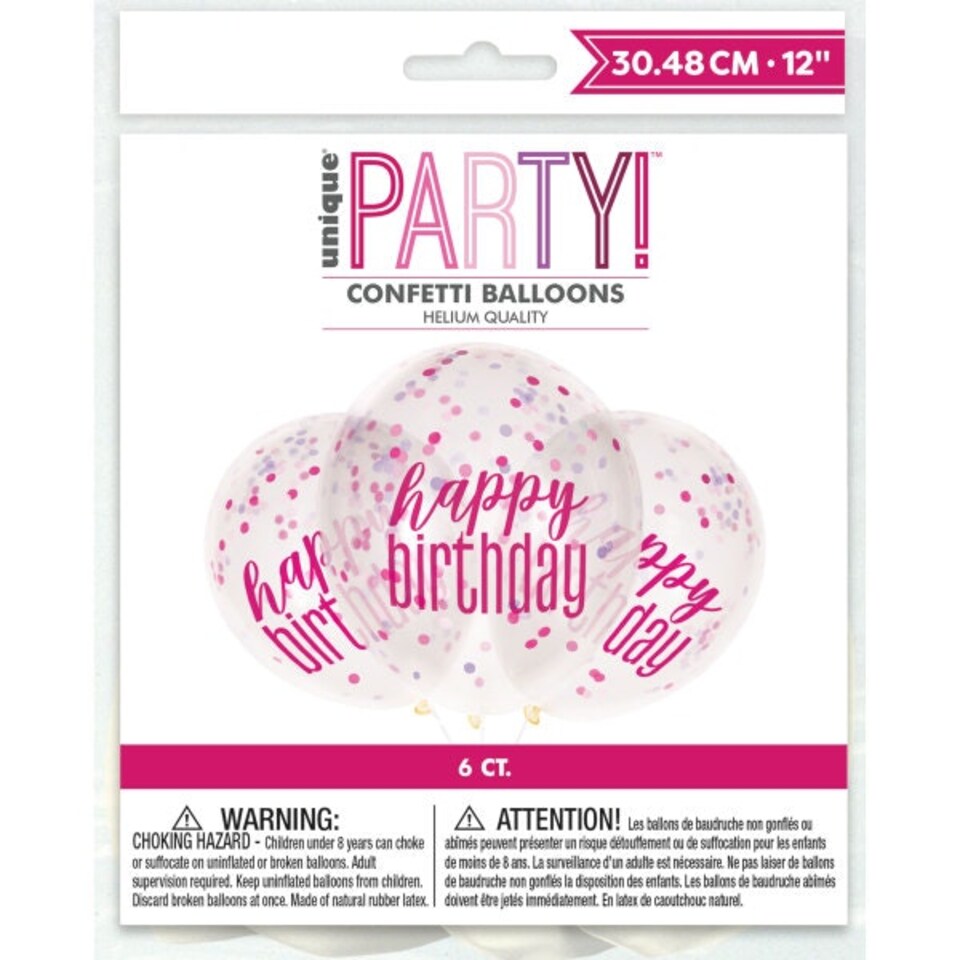 image 1 of Pack of 6 12" Clear Printed Glitz "Happy Birthday" Balloons with Confetti, Pink & Silver