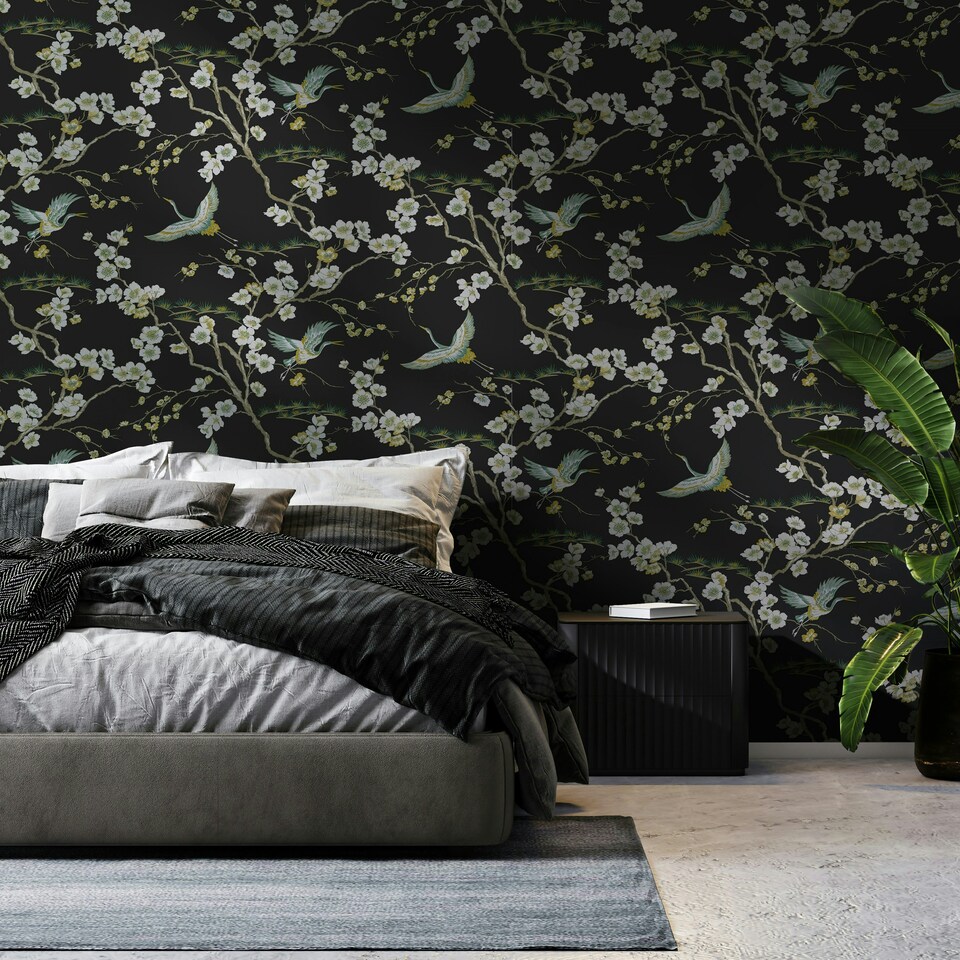 image 1 of Transform Peel & Stick Oriental Heron Floral Black Self-Adhesive Wallpaper Black | White