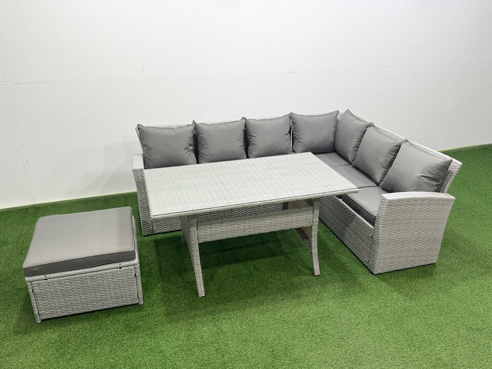 image 1 of Fimous Rattan Garden Furniture Set Outdoor 7 Seater Patio Dining Corner Sofa Sets with Dining Table Big Footstool Light Grey Mixed