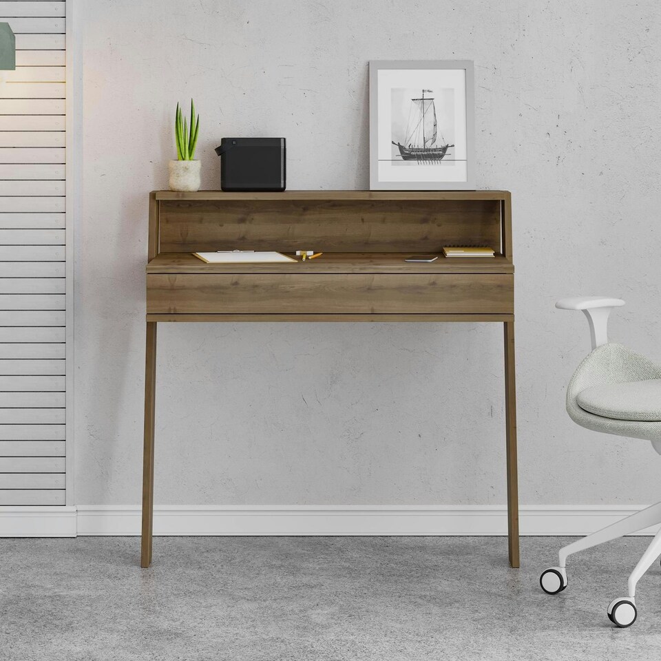 image 1 of Cowork Modern Desk Dark Oak Wall Mounted With Drawer 94cm Wide Brown