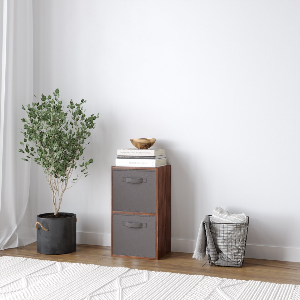 image 1 of 2-Tier Cube Shelving Unit with Inserts | Brown | Teak & Grey | 1