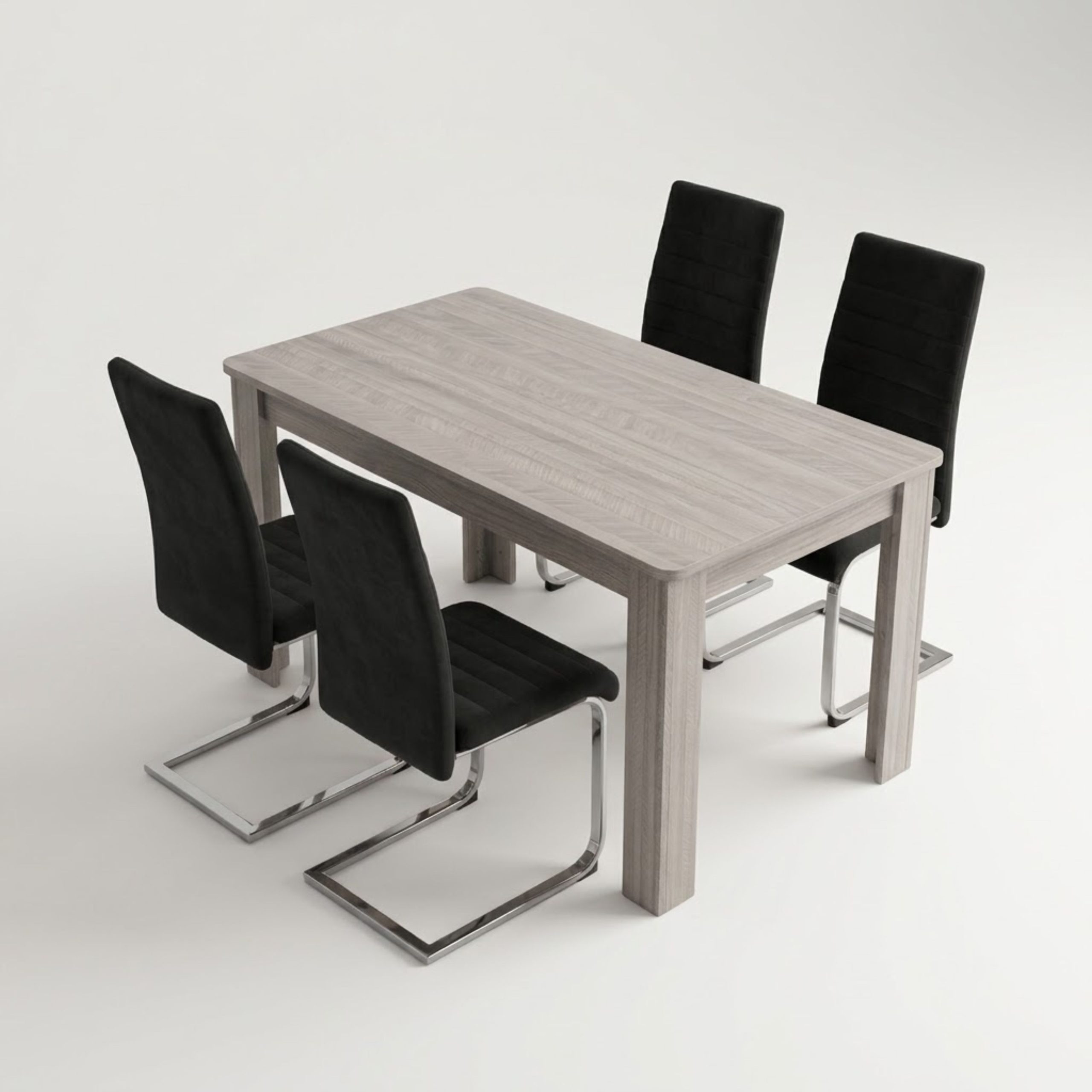 Velvet Dining Room Set with Arrow Grey Table and 4 Black High Back Chairs with Chrome Legs