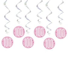 Pink Glitz Age 100 Holographic Hanging Swirl Decorations - Pack of 6