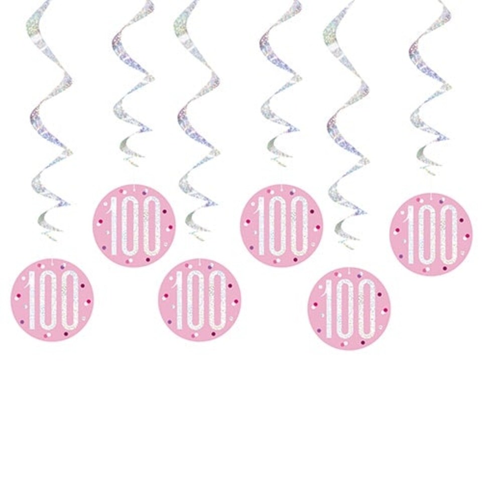 Pink Glitz Age 100 Holographic Hanging Swirl Decorations - Pack of 6