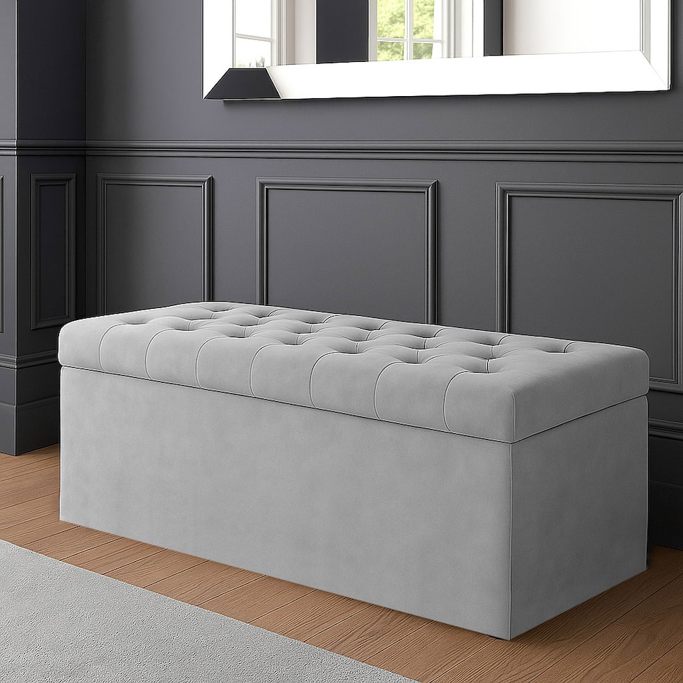 image 1 of 120cm SD Ottoman Storage Box, Silver Velvet Upholstered Chesterfield Storage Ottoman Box