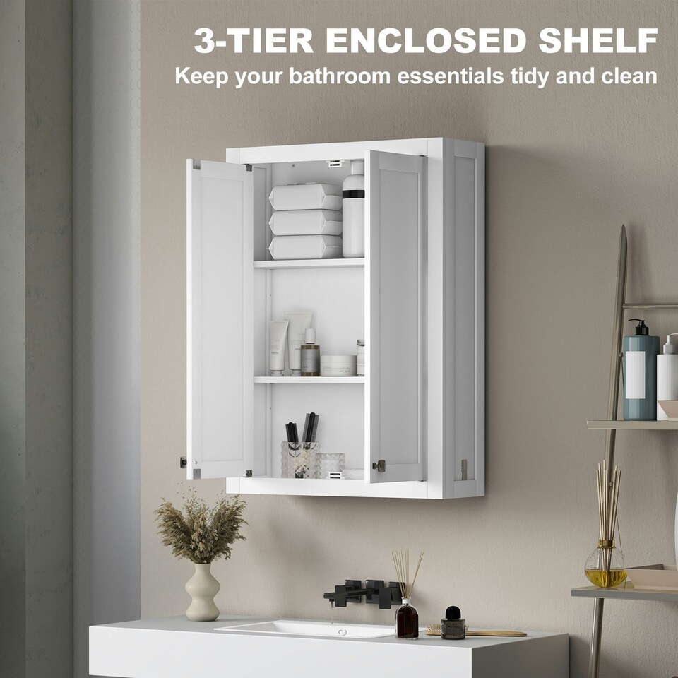 image 1 of HOMCOM Wall Mounted Storage with Adjustable Shelves, Bathroom Wall Cabinet White