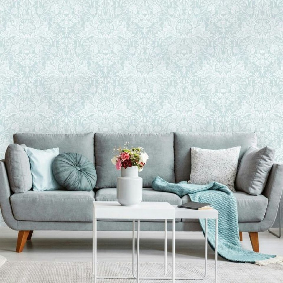 image 1 of World Of Wallpaper Harlen Woodland Damask Wallpaper - Duck Egg Blue - 32.1ft x 21in Blue