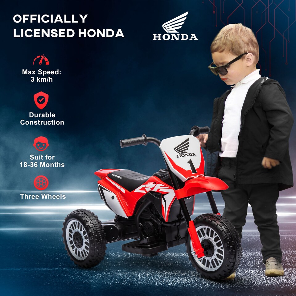 image 1 of HOMCOM Honda Licensed 6V Kids Electric Motorbike, Three Wheel Ride On Motorcycle Car with Horn, Sound, for Ages 18-36 Months - Red