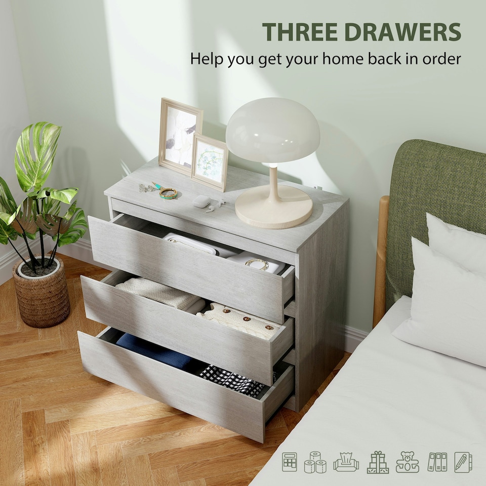 image 1 of HOMCOM Chest of Drawers, 3 Drawer Storage Cabinet Unit for Bedroom, Grey Grey