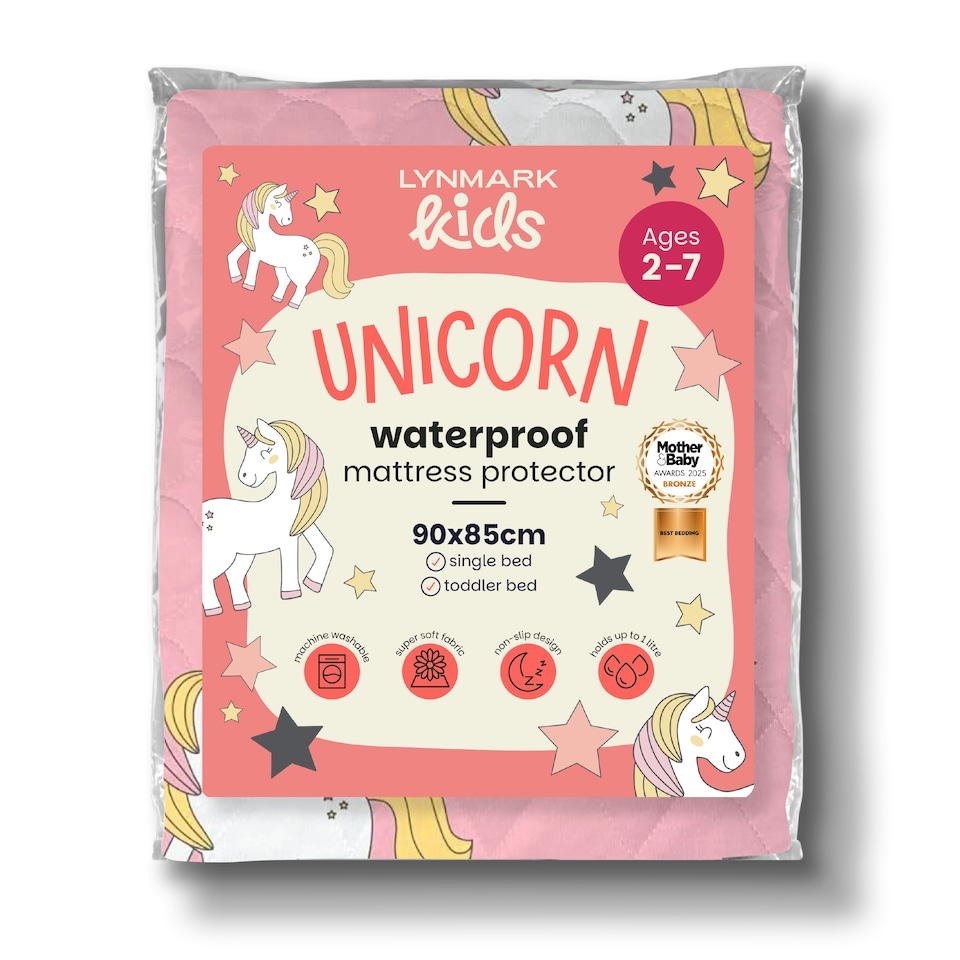 image 1 of Toddler Potty Training Bed Pad with Tucks - Soft Waterproof Bedwetting Pee Protector Mat for Kids - Multi-Layer Non-Slip Washable Absorbs Up to 2000ml 90 x 85cm Pink | Unicorn | Single