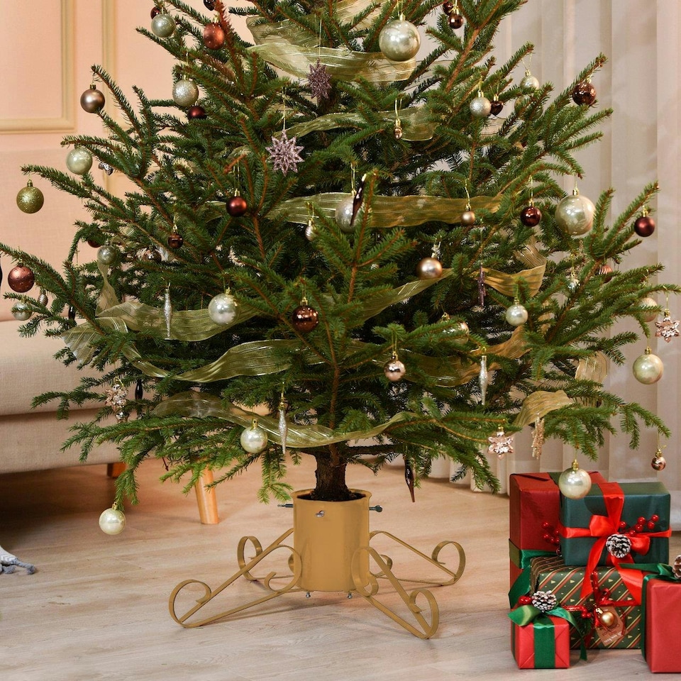 image 1 of Holly International Traditional Metal Scroll Leg Christmas Tree Stand for Real Trees to 3m - Gold