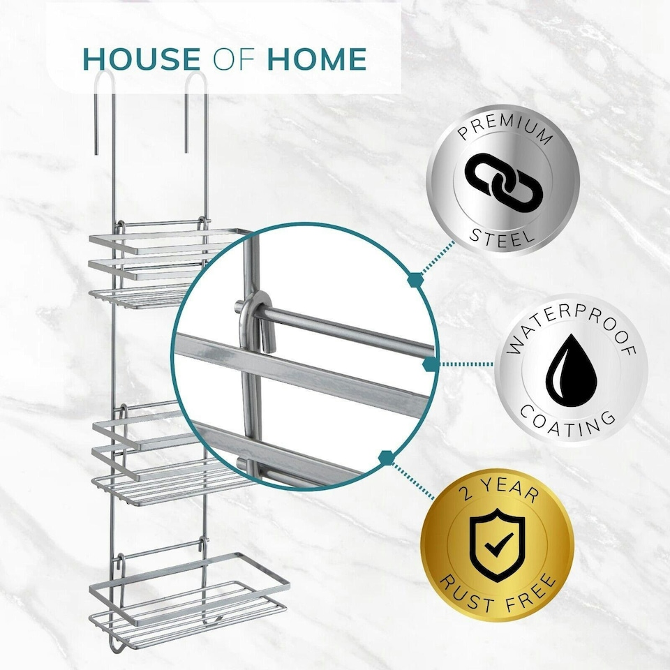 image 1 of Shower Caddy 3 Tier Bathroom Storage Organiser Hanging Basket With Shelving Over The Door Silver