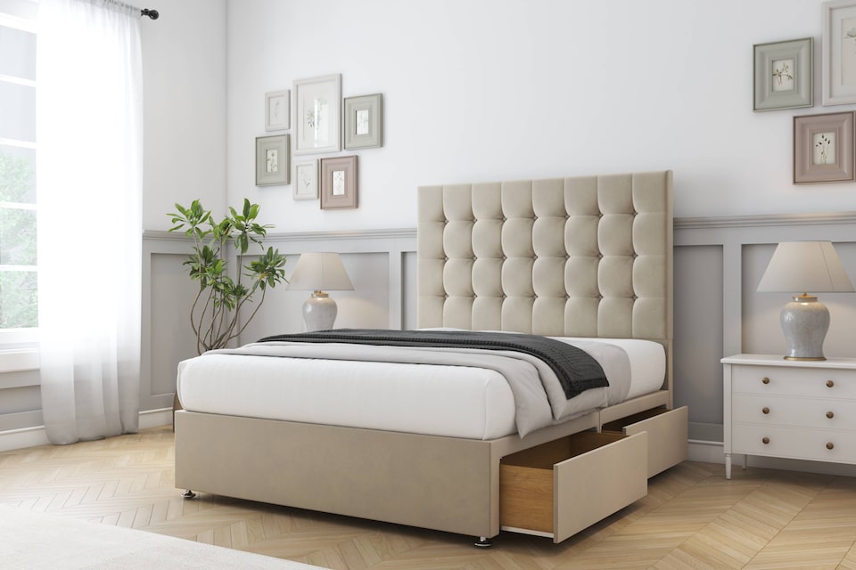 image 1 of Sloomy Alabama Almond Coniston Divan Bed Base 2 Drawers Same Side With 26 Inch Strutted Headboard | Cream | Almond | Small Double | 1