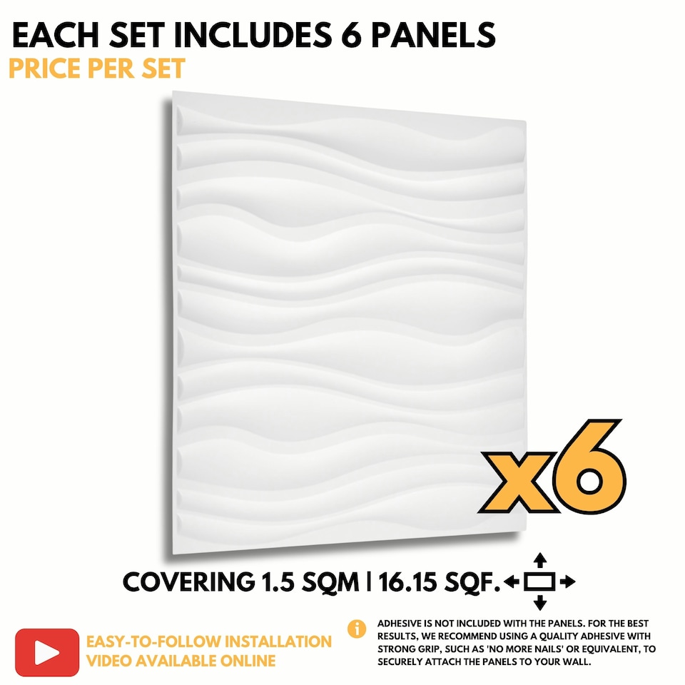 image 1 of NOVECRAFTO Wavy Wave 3D Wall Panels – 6 Sheets Covering 1.5m² | 16.15ft² Interior Cladding Set | Wavy Design Tiles – Each Panel 50x50cm Matt White