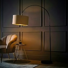 ValueLights Louis Beige with Metallic Gold Inner Shade Black Arched Stem Curved Floor Lamp