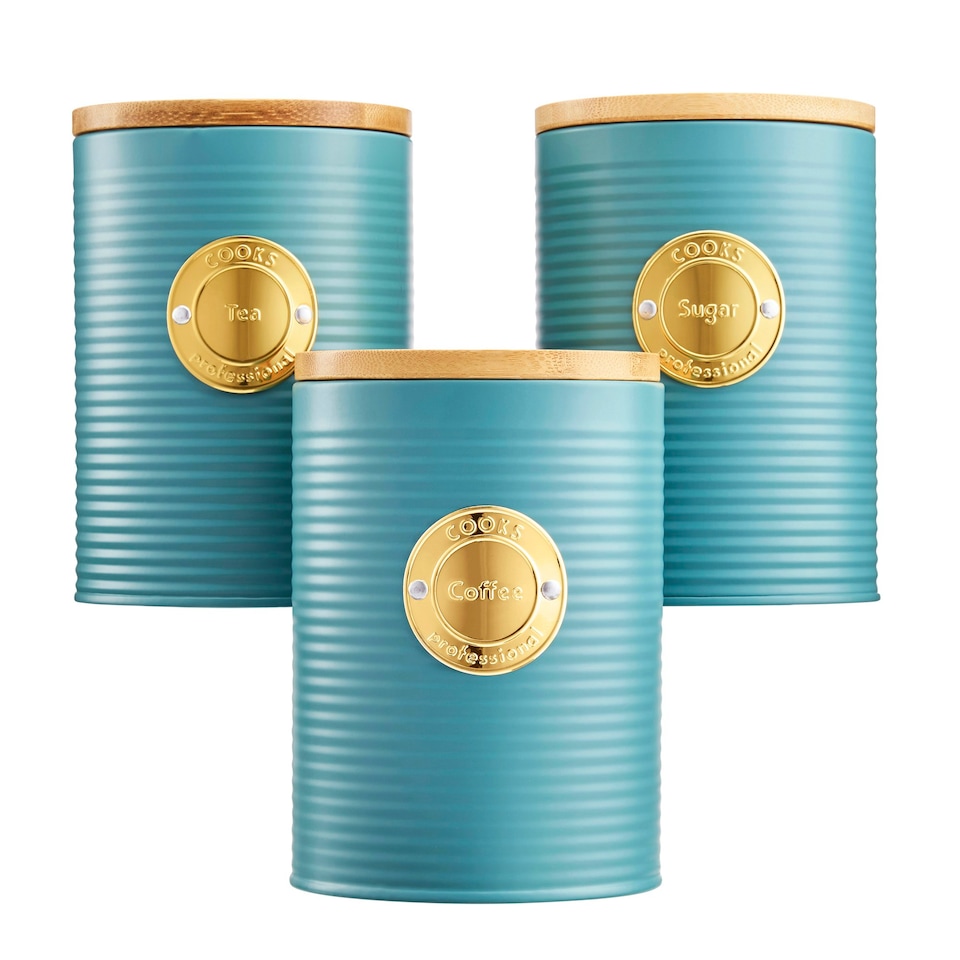 image 1 of Cooks Professional 3 Piece Ribbed Tea, Coffee, & Sugar Cannisters with Bamboo Lids | Stainless Steel Kitchen Storage Bins | Teal & Gold