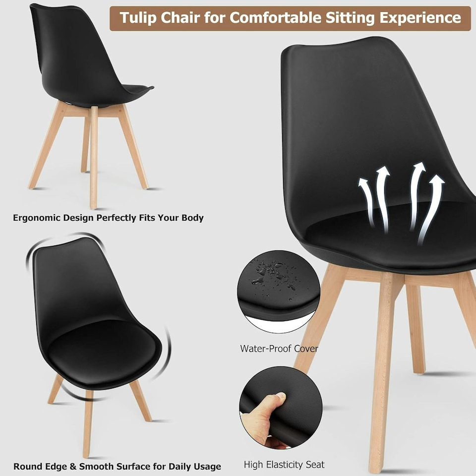 image 1 of Single Scandinavian Dining Chair with Leather Cushions Solid Wood Legs | Black