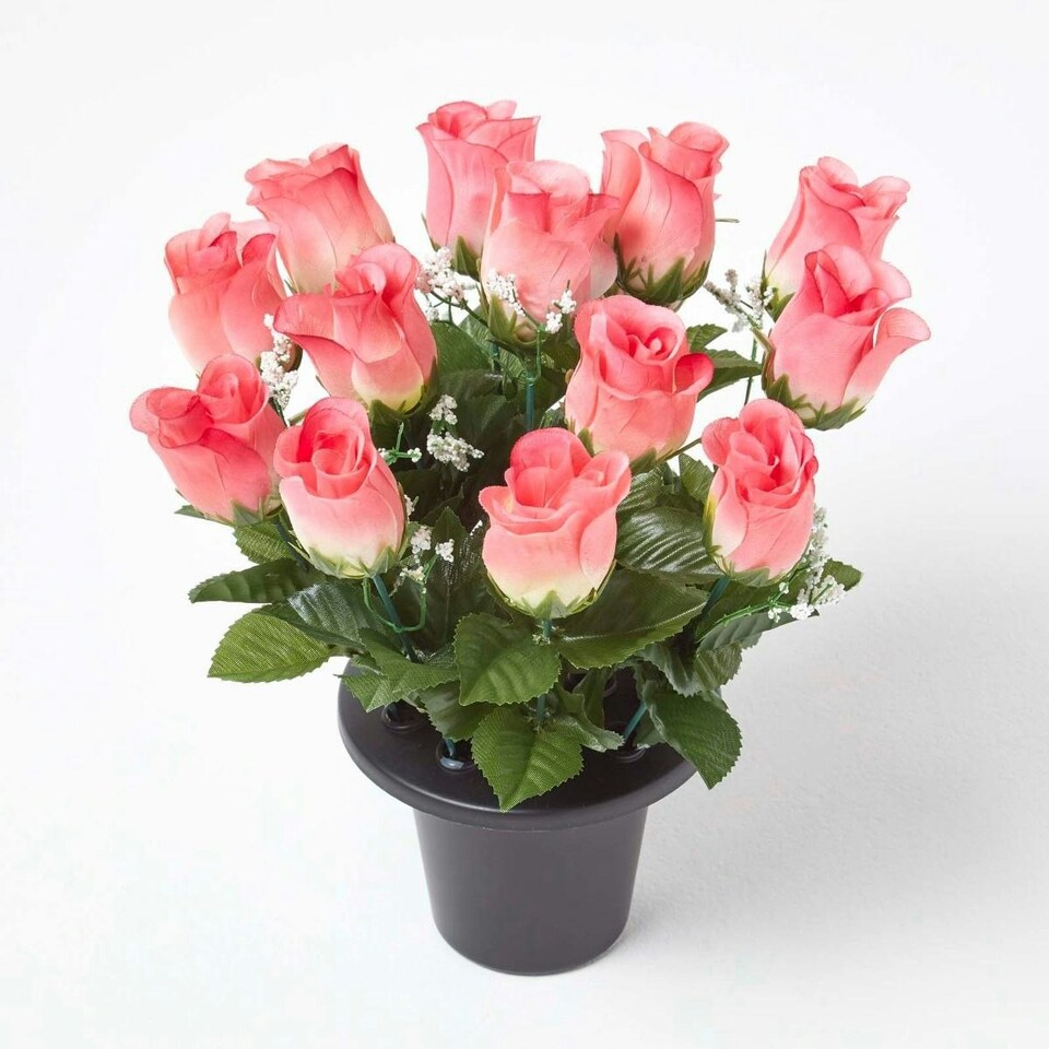image 1 of Homescapes Set of 3 Artificial Rosebuds with Gypsohila in Grave Vase